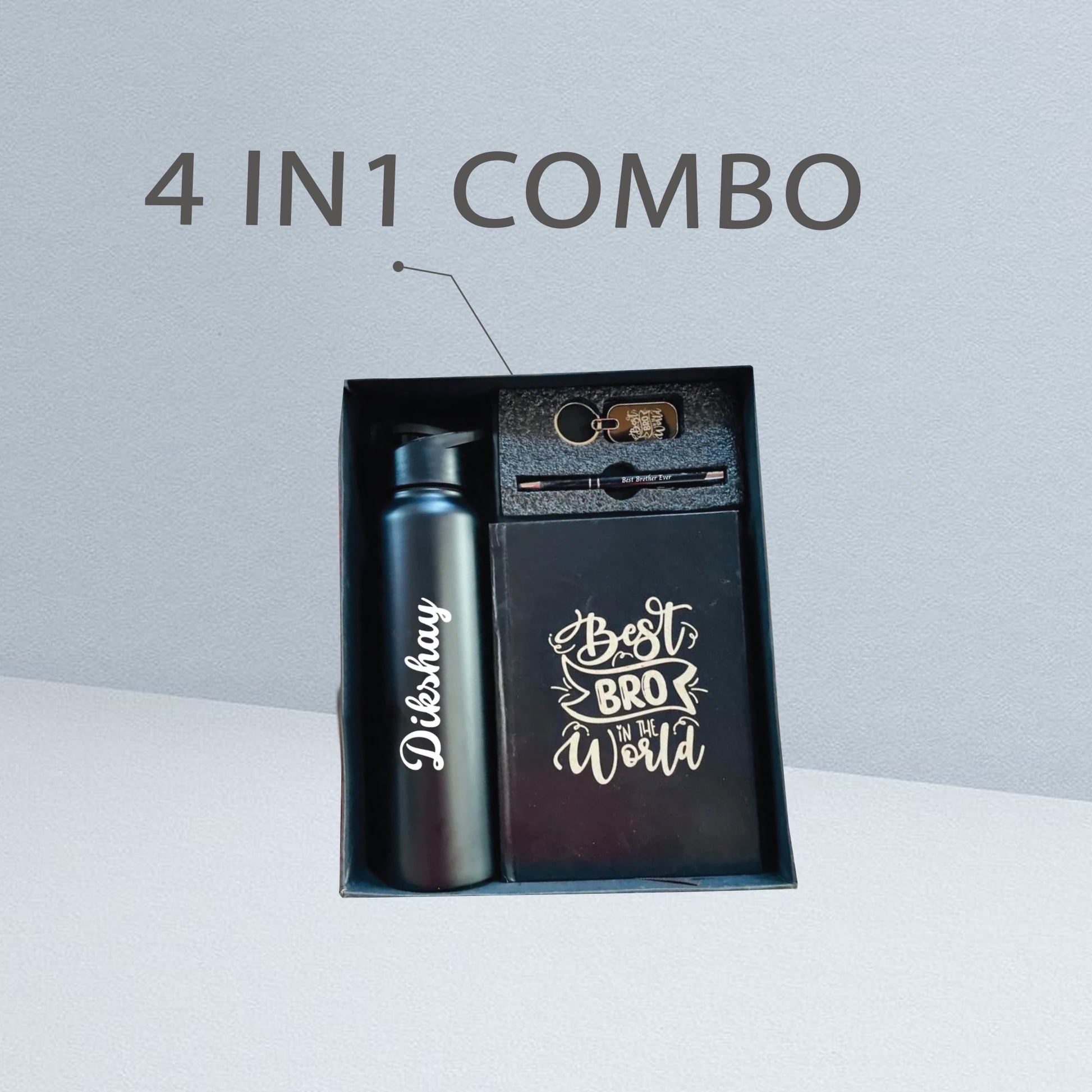 Personalized Best Bro Gift Set – Custom Bottle, Diary, Pen & Keychain for Rakhi or Birthdays