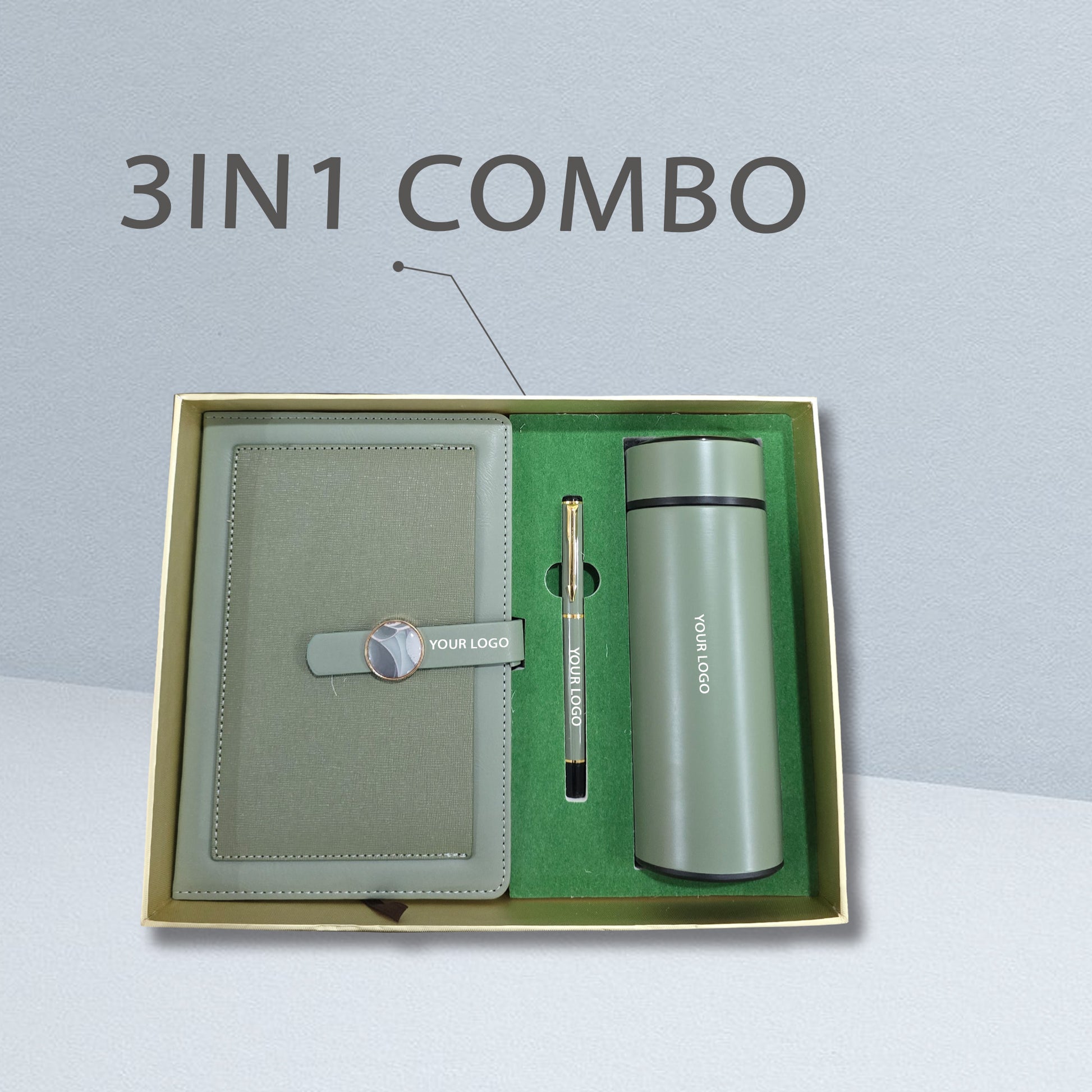 Luxury Green Gift Box for Professionals – Customized Diary, Pen & Bottle