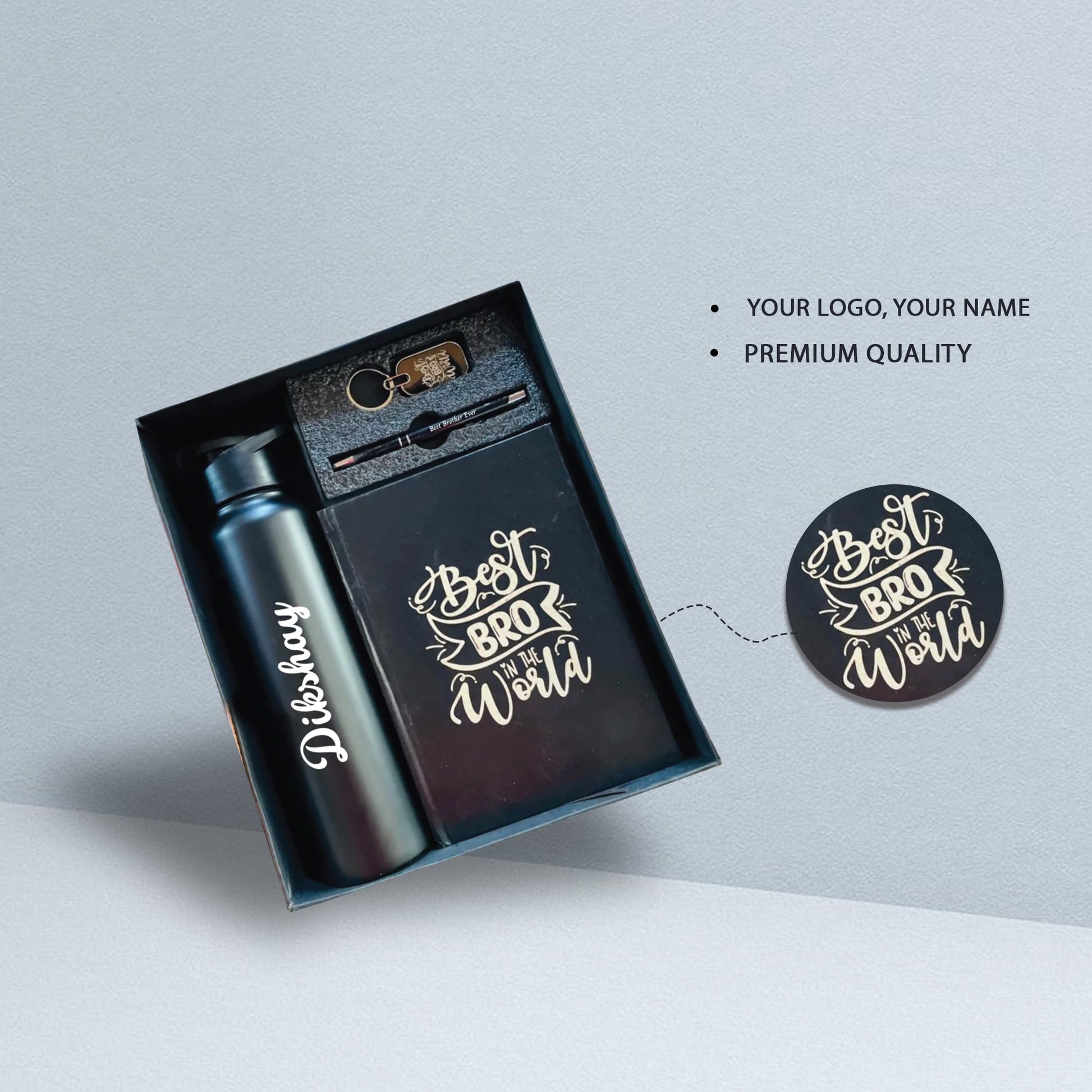 Personalized Best Bro Gift Set – Custom Bottle, Diary, Pen & Keychain for Rakhi or Birthdays