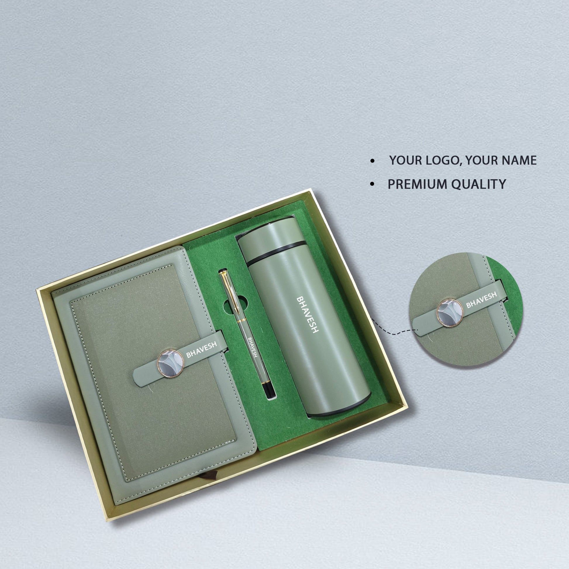 Luxury Green Gift Box for Professionals – Customized Diary, Pen & Bottle