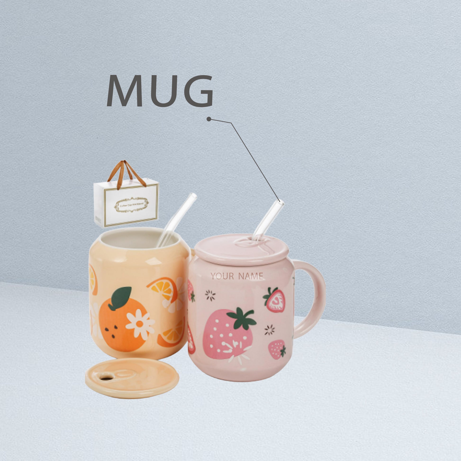 Personalized Fruit-Themed Ceramic Mug with Straw & Lid – Cute Custom Mug for Kids, Gifting & Branding