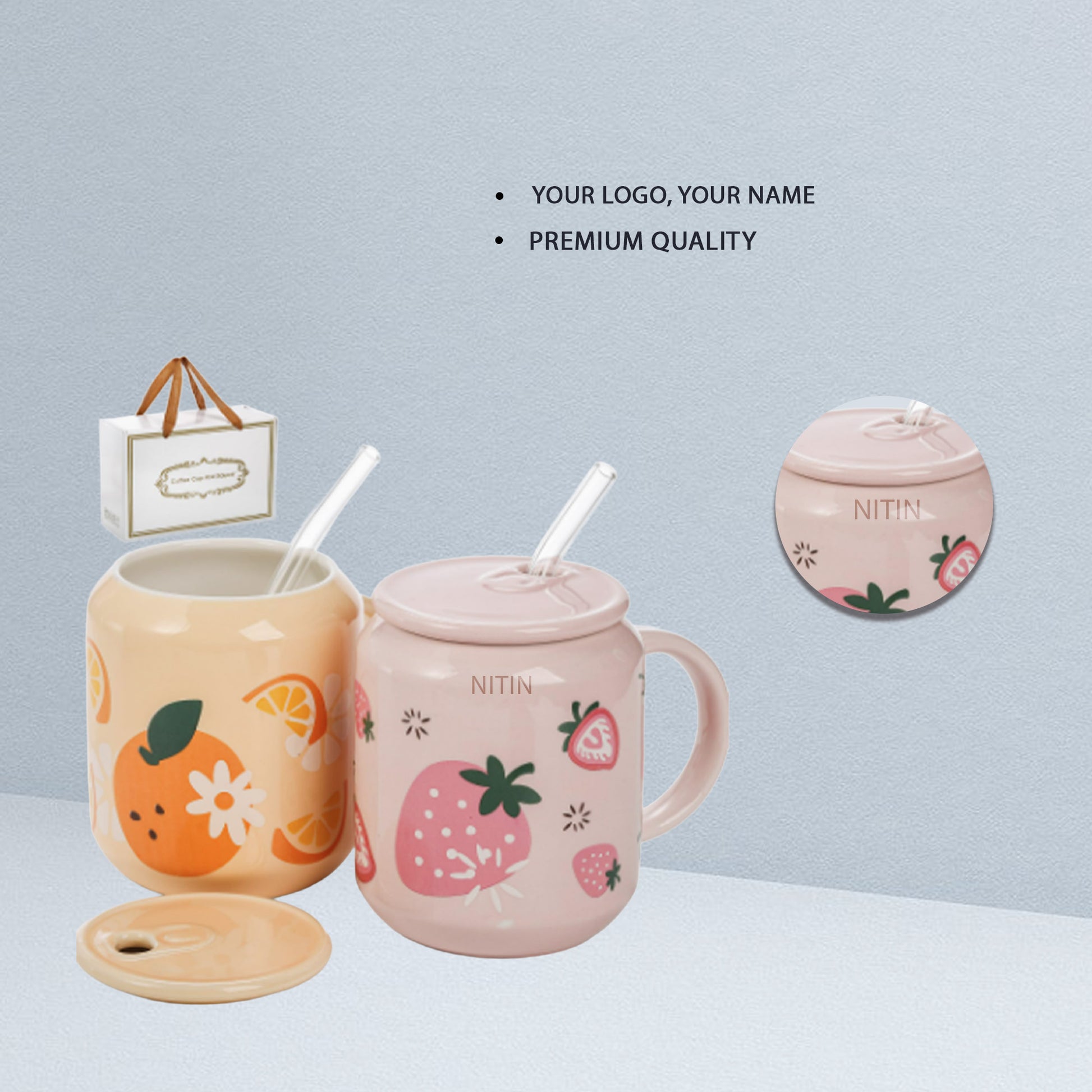 Personalized Fruit-Themed Ceramic Mug with Straw & Lid – Cute Custom Mug for Kids, Gifting & Branding