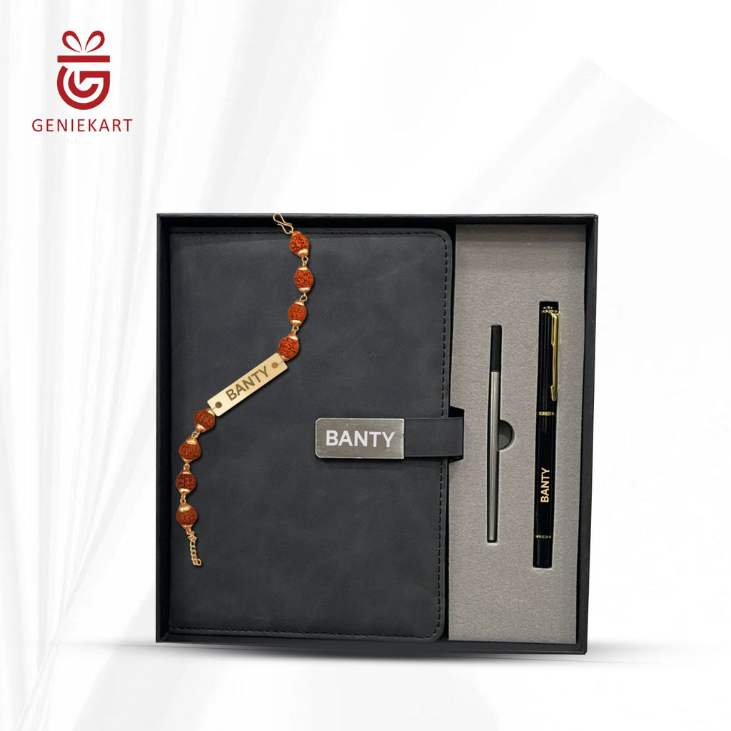 3-in-1 Rudraksha rakhi, Diary and Pen Gift Combo | 4 Colours | Premium Gift Combo