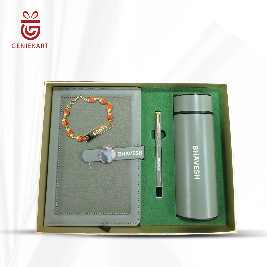 4-in-1 Rudraksha rakhi, Diary, Pen and Bottle Gift Combo | 3 Colours | Premium Gift Combo