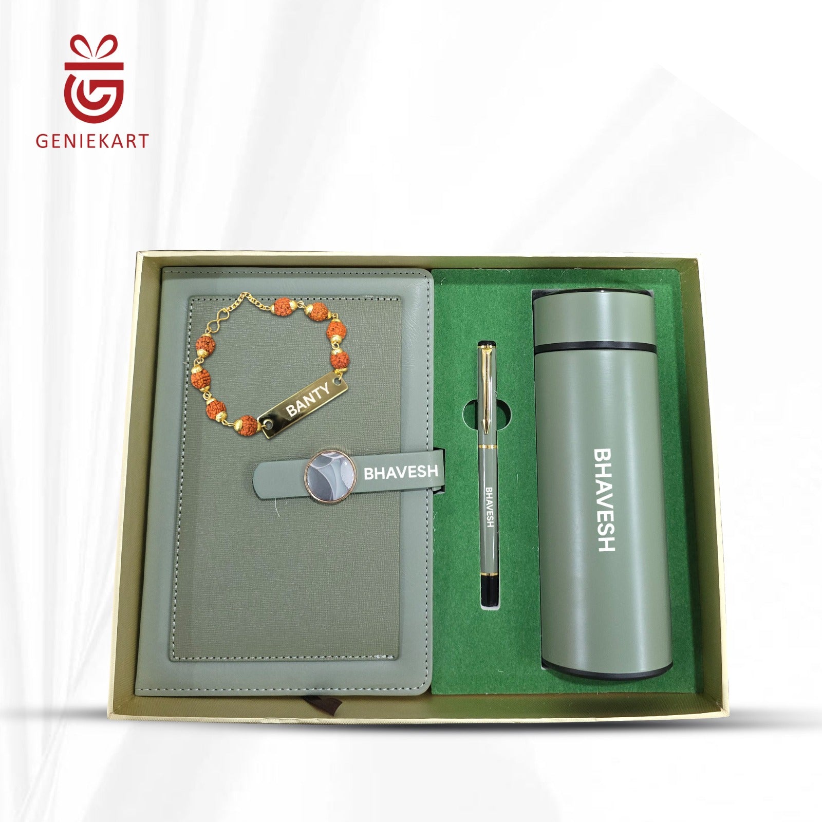 4-in-1 Rudraksha rakhi, Diary, Pen and Bottle Gift Combo | 3 Colours | Premium Gift Combo